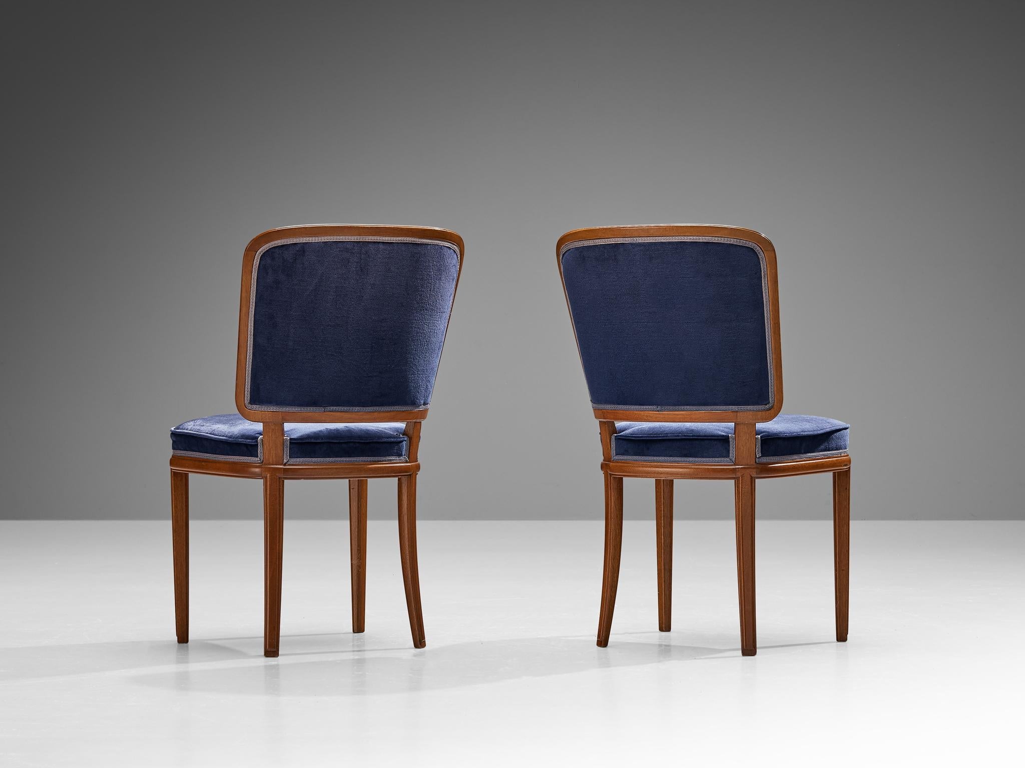 Carl Malmsten Set of Four Dining Chairs in Walnut and Blue Velvet