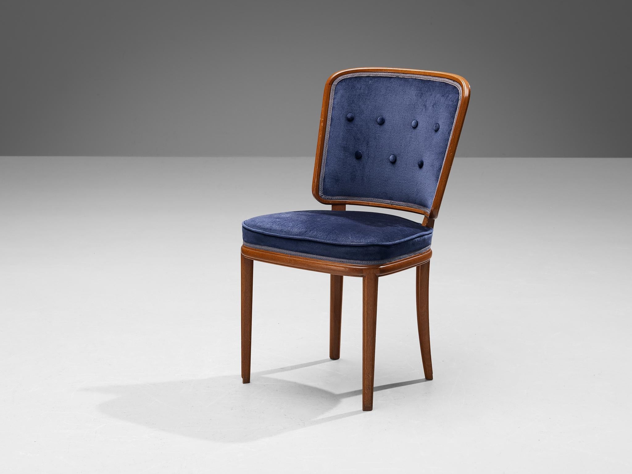 Carl Malmsten Set of Four Dining Chairs in Walnut and Blue Velvet