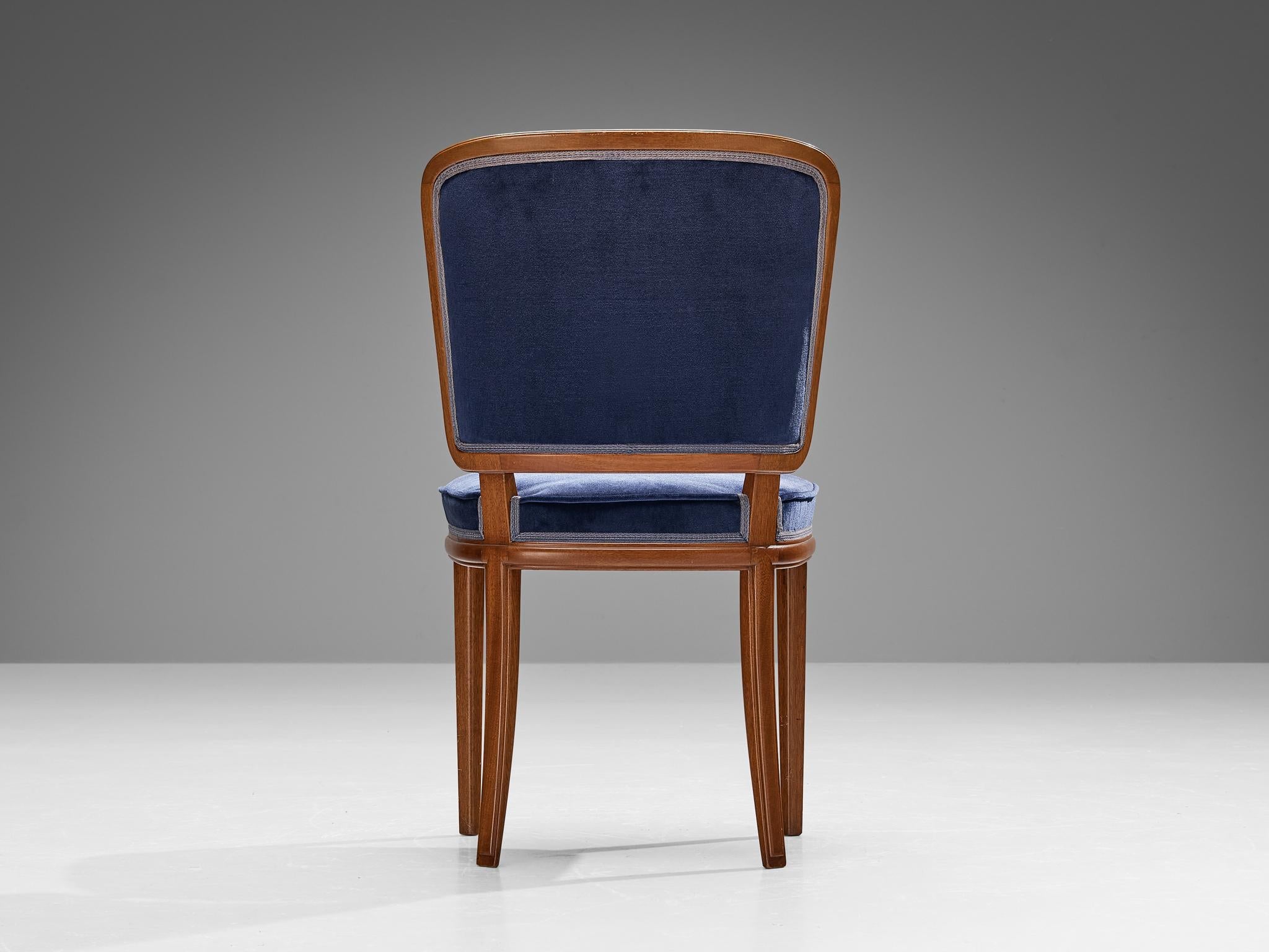 Carl Malmsten Set of Four Dining Chairs in Walnut and Blue Velvet