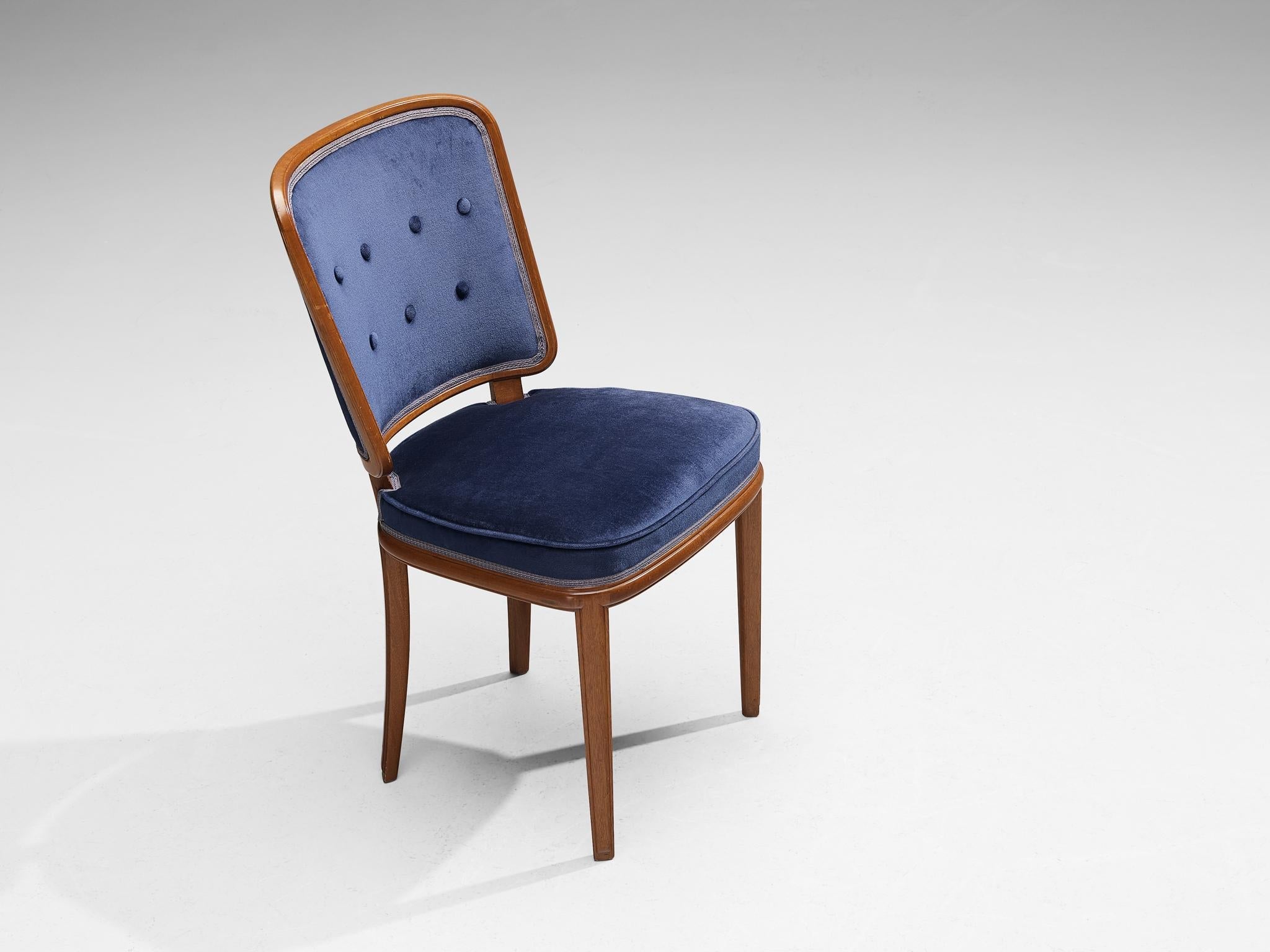 Carl Malmsten Set of Four Dining Chairs in Walnut and Blue Velvet