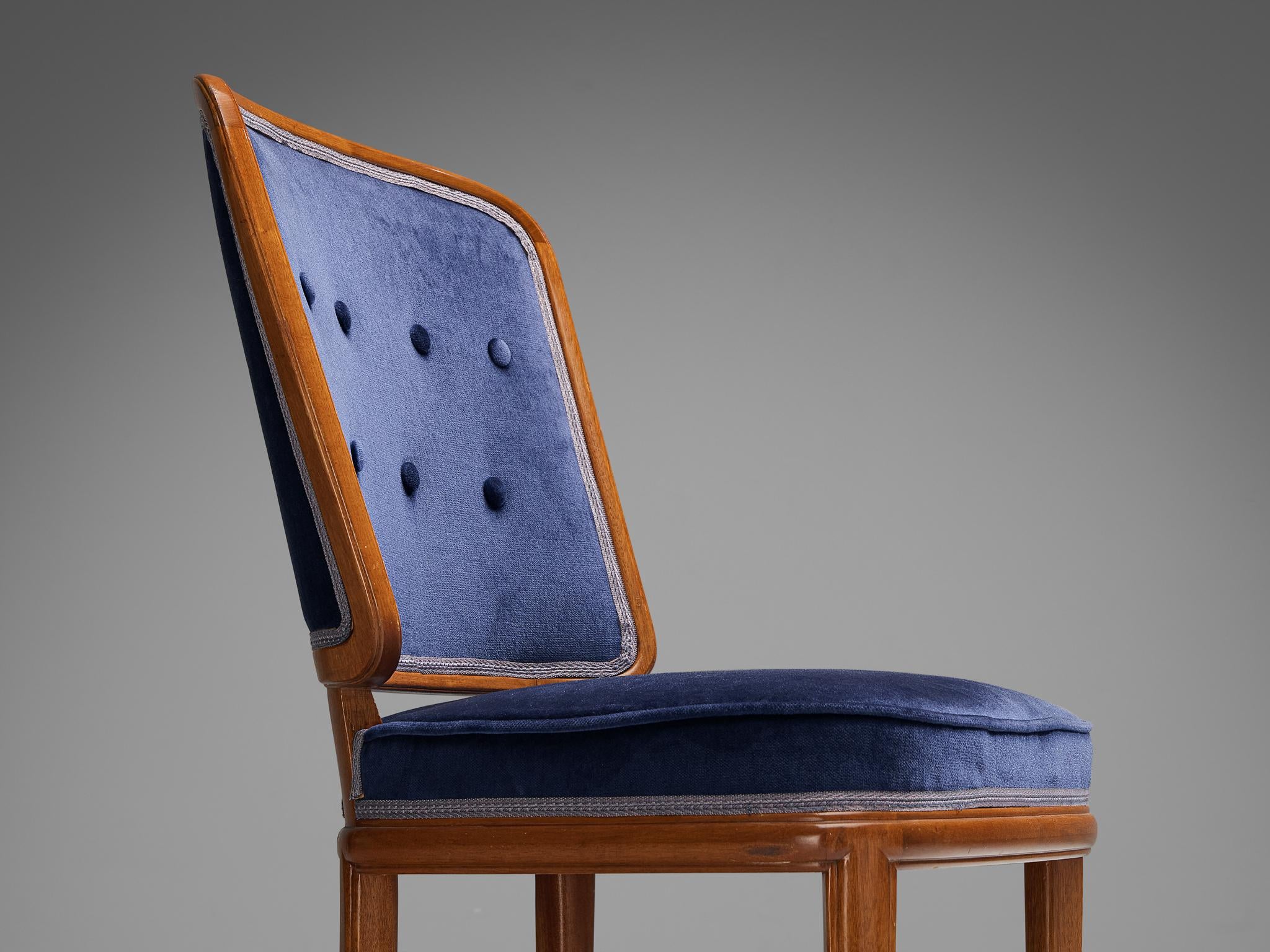 Carl Malmsten Set of Four Dining Chairs in Walnut and Blue Velvet