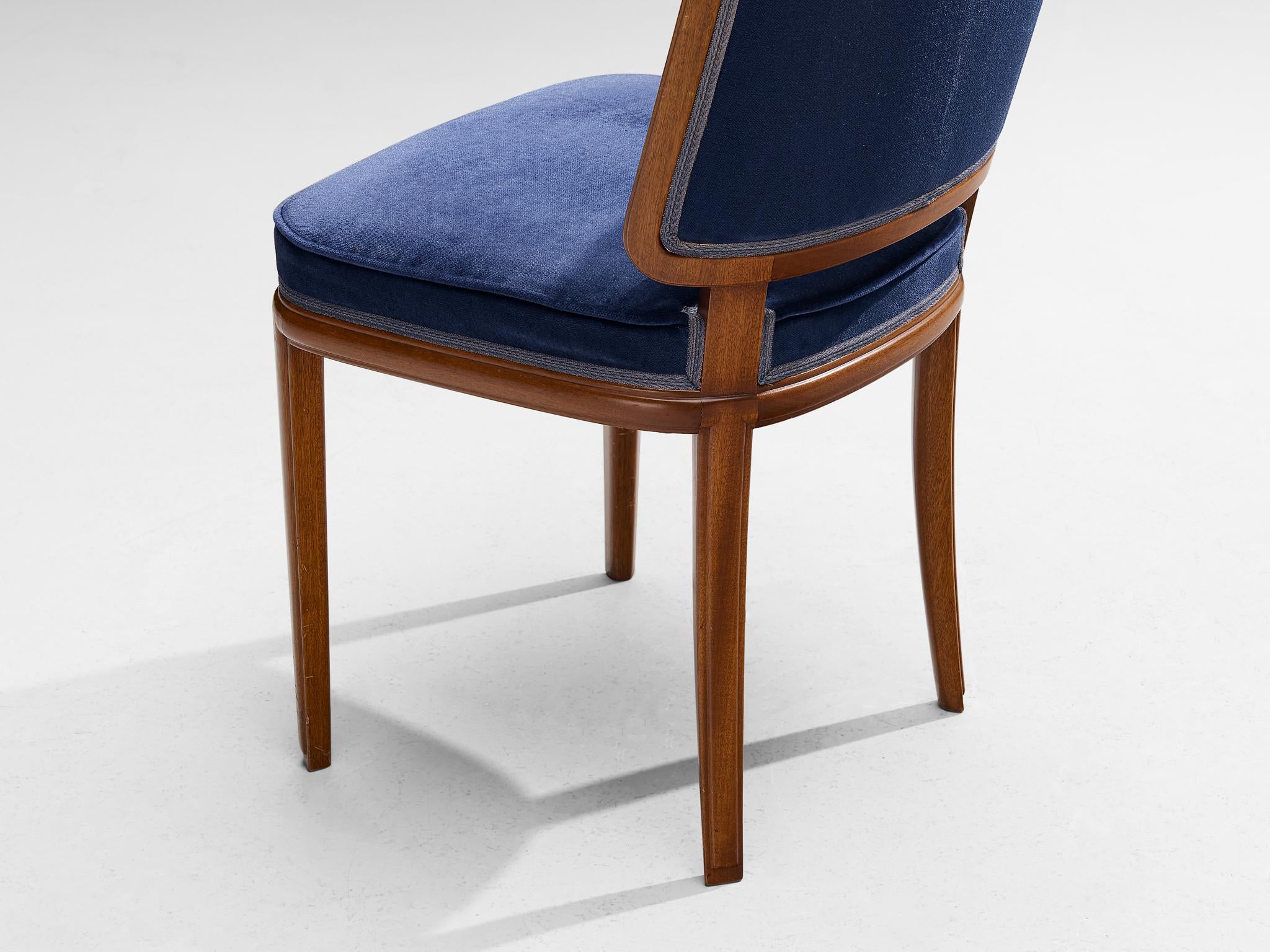 Carl Malmsten Set of Four Dining Chairs in Walnut and Blue Velvet