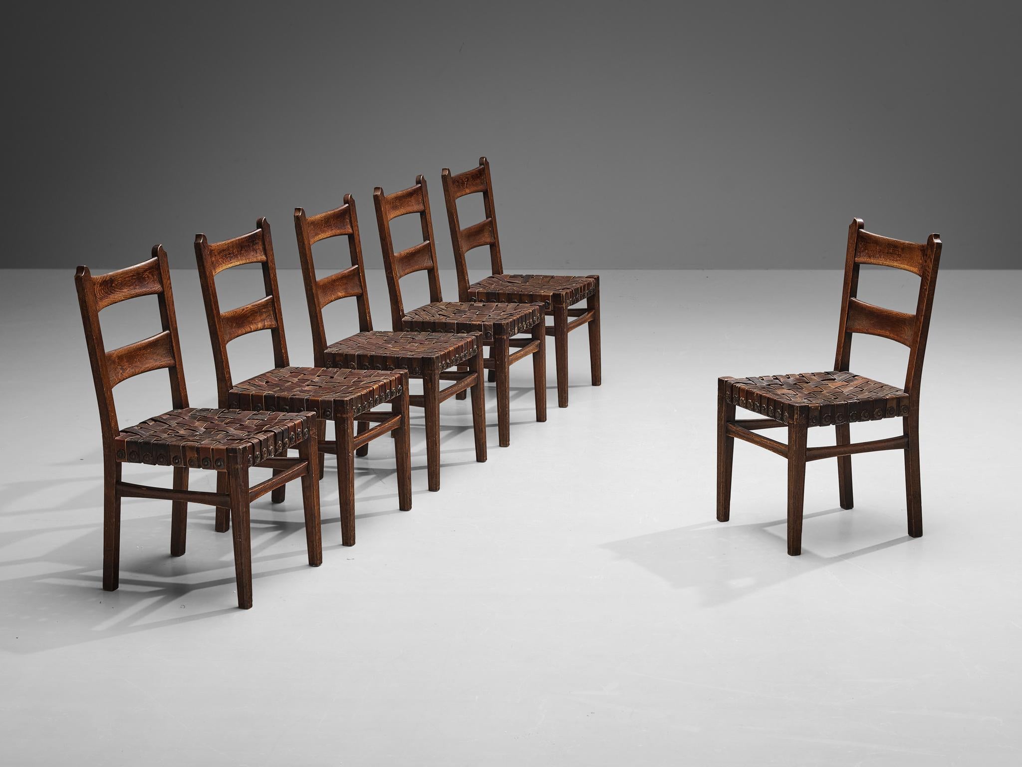 Ernesto Valabrega Set of Six Dining Chairs in Oak and Leather