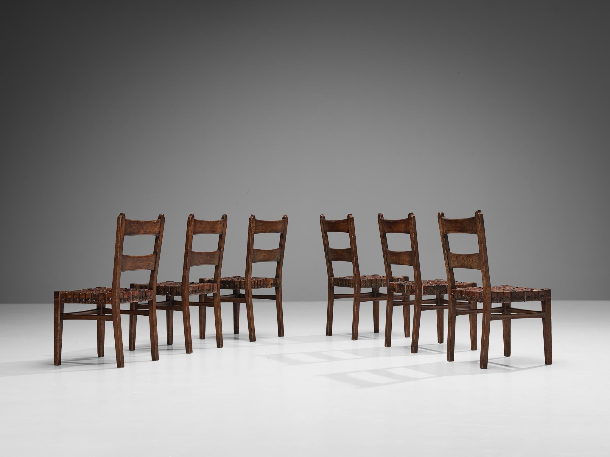 Ernesto Valabrega Set of Six Dining Chairs in Oak and Leather