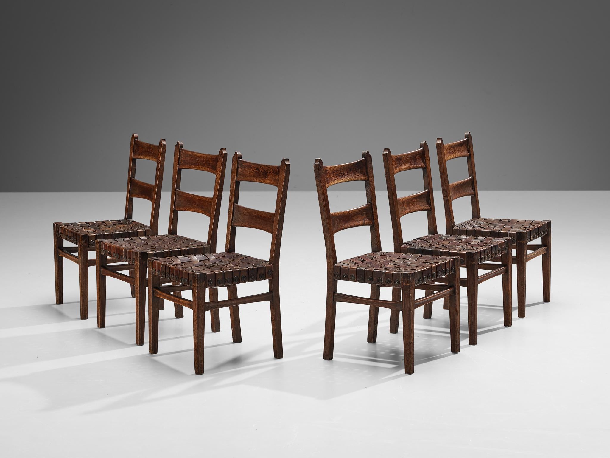 Ernesto Valabrega Set of Six Dining Chairs in Oak and Leather