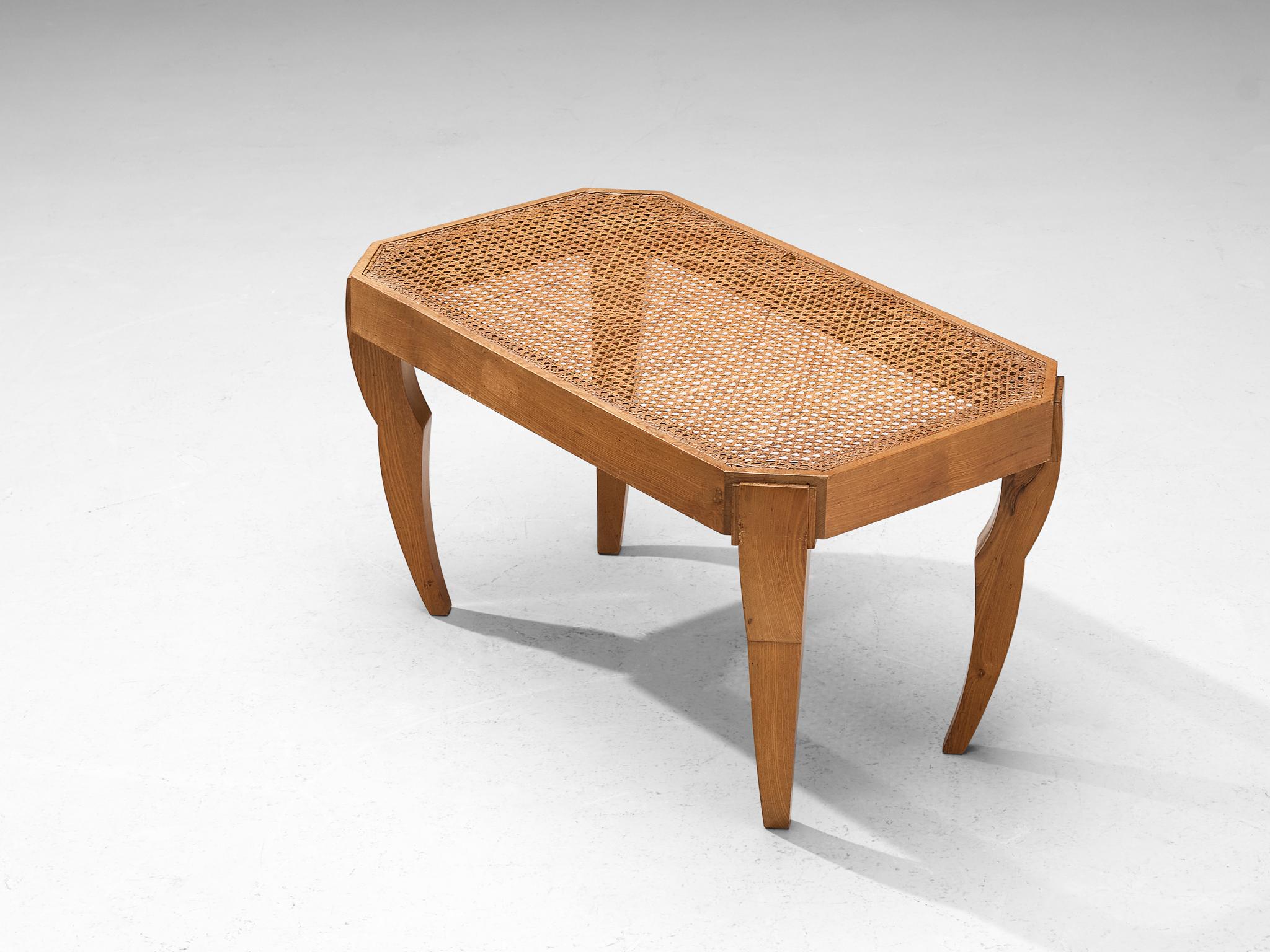 Side Table in Elm and Cane Webbing with Sculptural Base