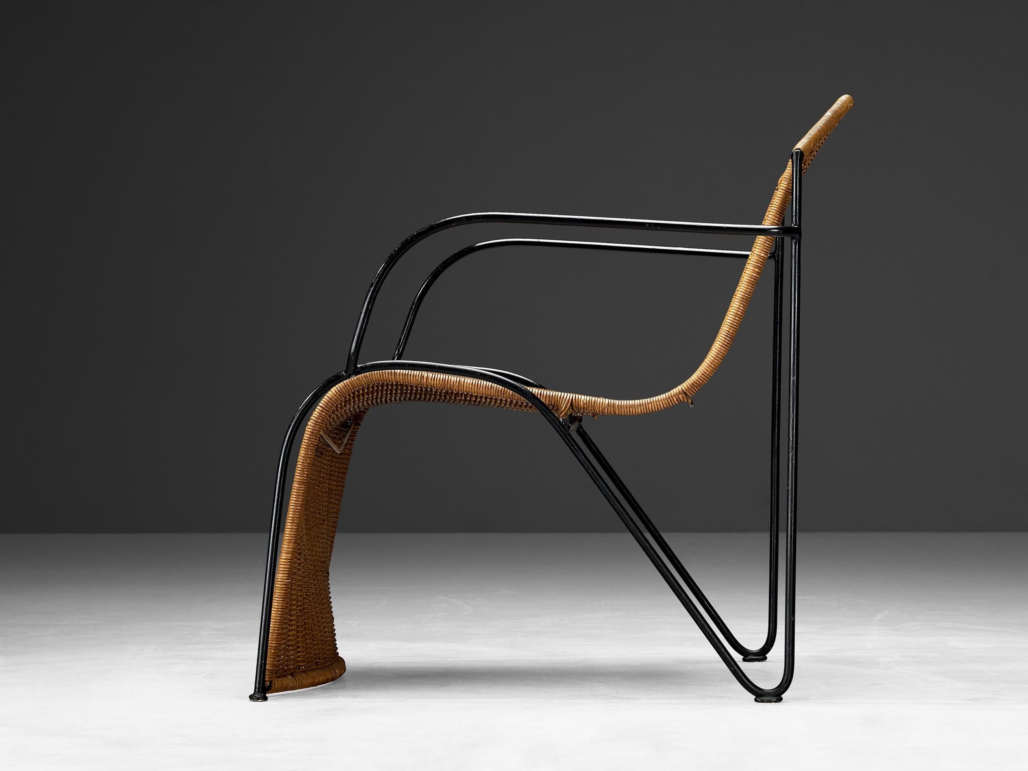 Lounge Chair in Cane and Lacquered Black Metal