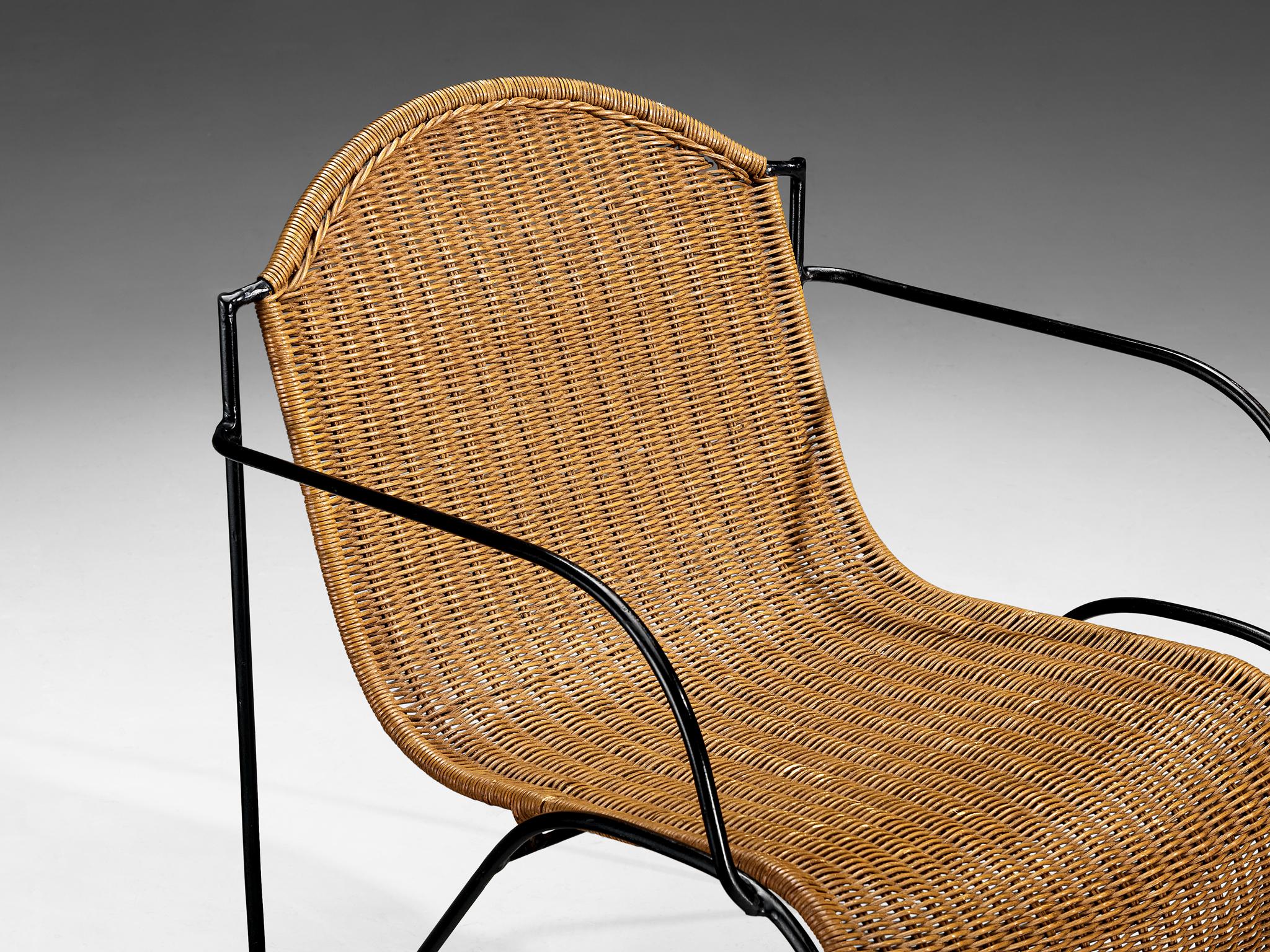 Lounge Chair in Cane and Lacquered Black Metal